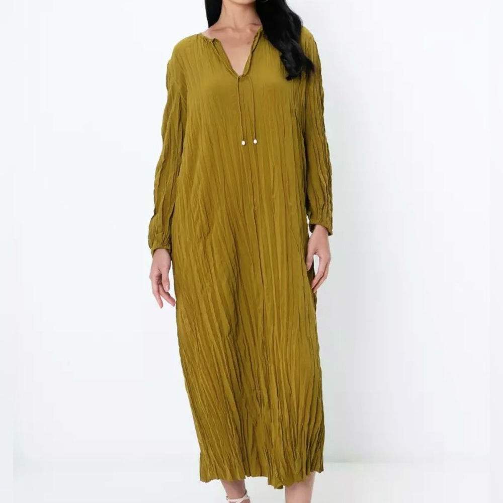 New Massimo Dutti Pleated Maxi Dress Green